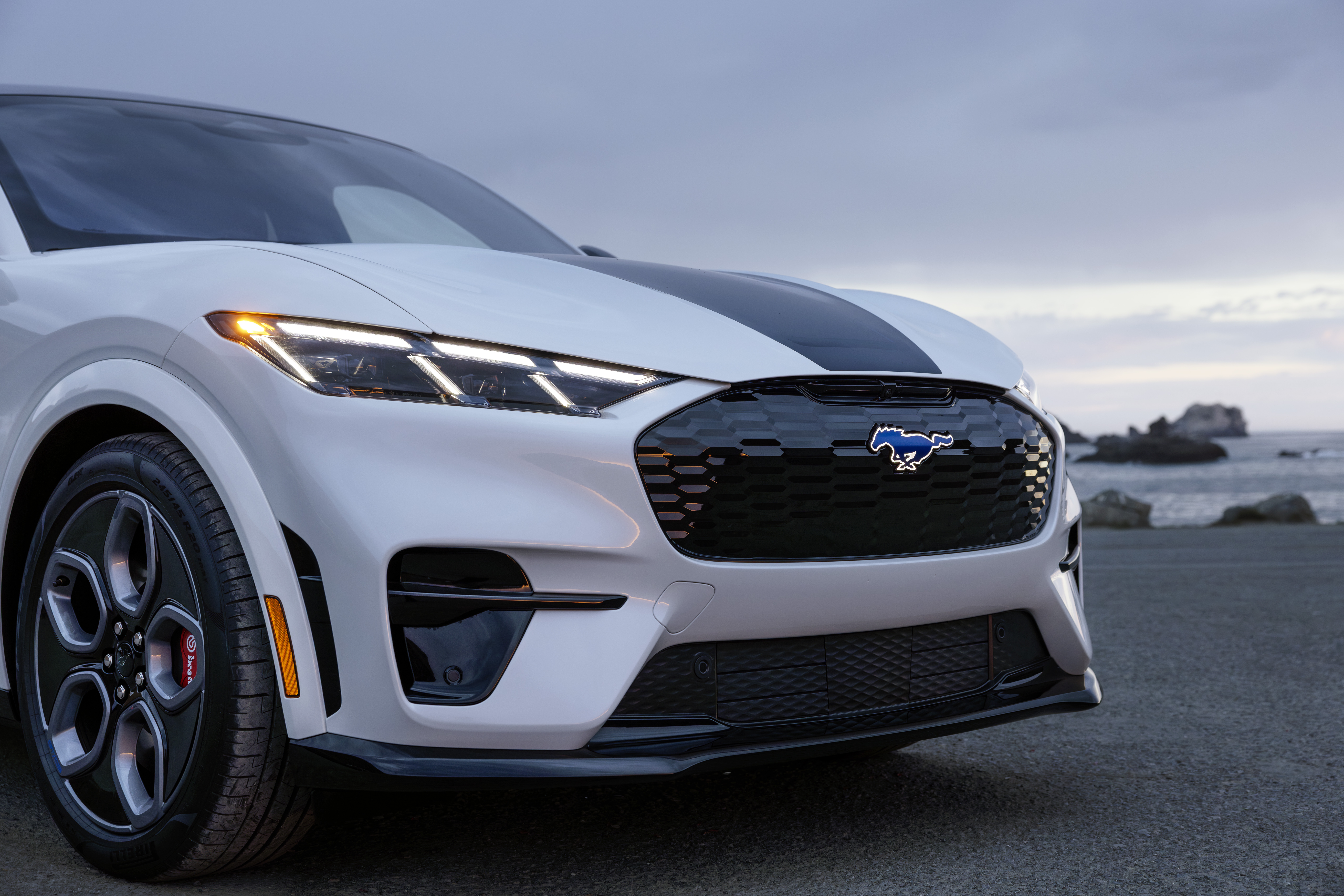 The grille of a white Mustang Mach-E shows a blue Mustang logo.